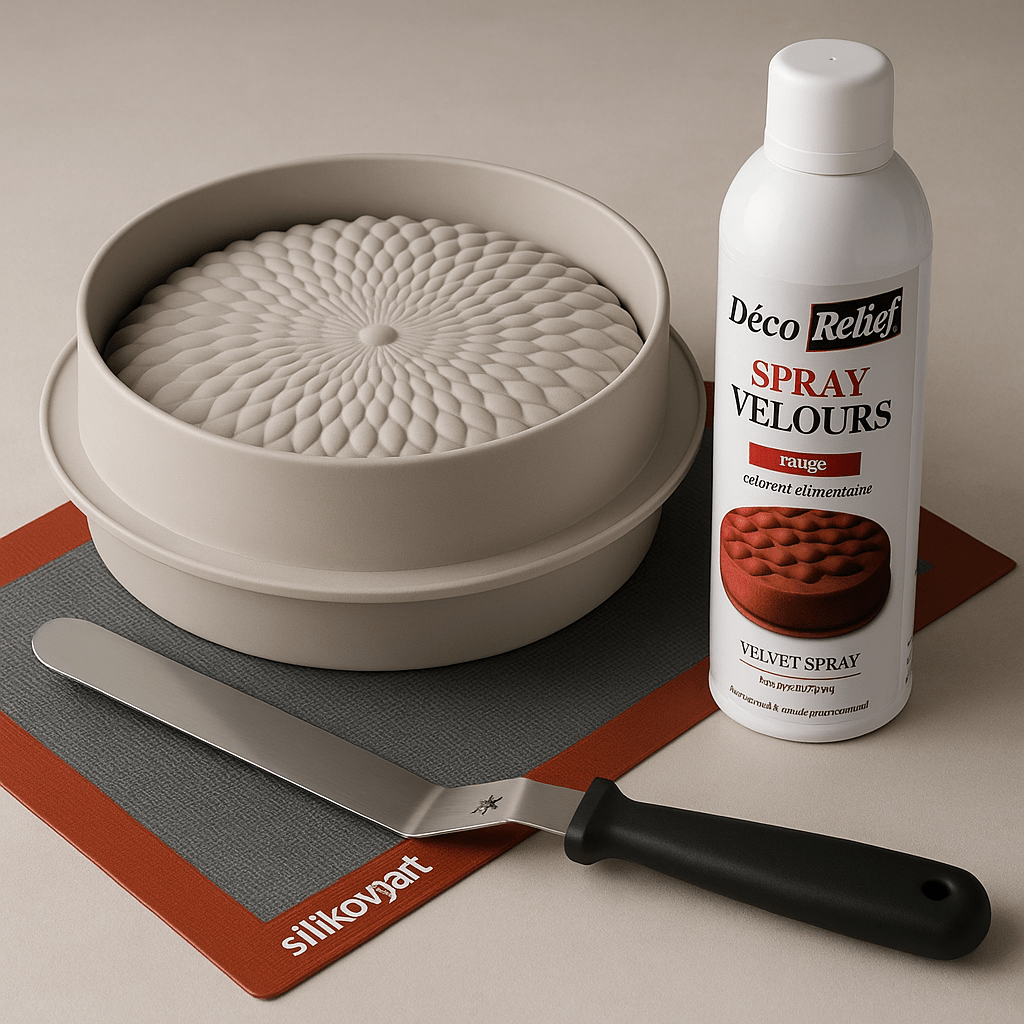 Kit finition velours entremets – moule, spray, spatule & tapis